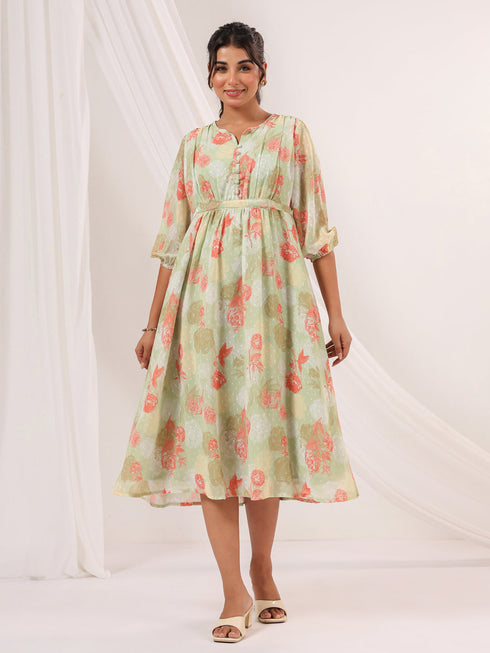 Janasya Women's Light Green Georgette Floral Printed A-line Dress